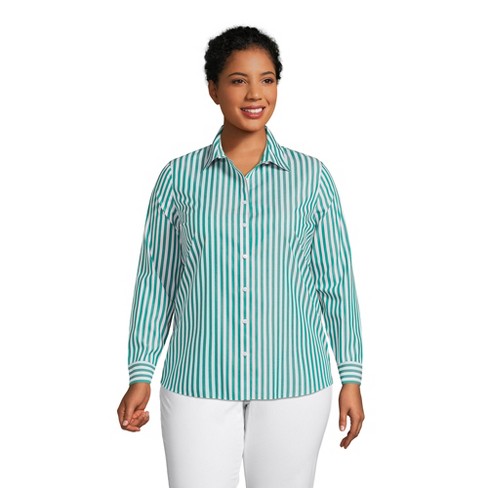 Lands' End Women's Plus Size Wrinkle Free No Iron Button Front Shirt - 16w  - Island Emerald Stripe : Target