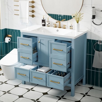 36&#039;&#039; Blue Freestanding Bathroom Vanity with Resin Sink and Drawers