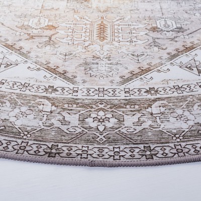 Beige and Grey Synthetic 4' Round Non-Slip Washable Rug