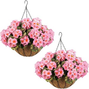 Artificial Hanging Geraniums Flowers 2-Pack, UV Resistant Outdoor Hanging Plants with Brown Baskets,Fake Flowers for Porch Patio Garden Decor - 1 of 4