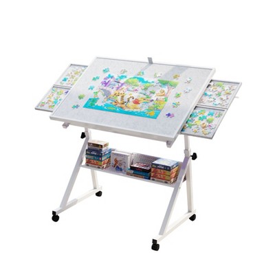 Vynxaria Folding Tables - Adjustable Height and Angle Puzzle Table with Storage Drawers and Wheels, White Finish