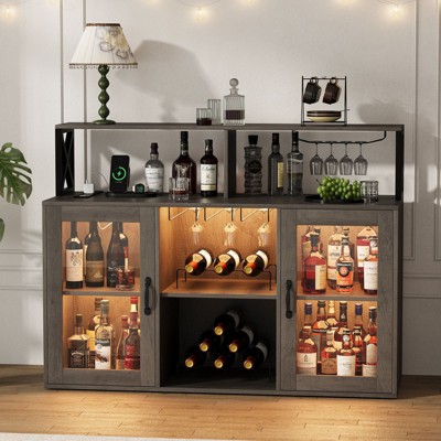 Nasitip Wine Bar Cabinet with Led Light, Wine Rack and Glass Holder, Buffet Sideboard for Living Room, Dining Room