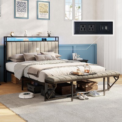 AMERLIFE LED Bed Frame with Foldable Ottoman, Charging Station, Velvet Upholstered Headboard