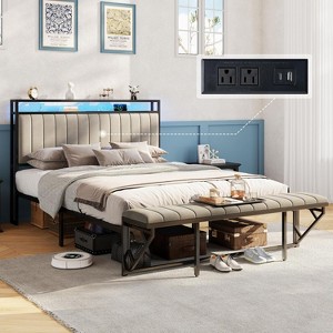 AMERLIFE LED Bed Frame with Foldable Ottoman, Charging Station, Velvet Upholstered Headboard - 1 of 3