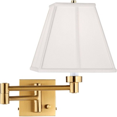 Barnes and Ivy Modern Swing Arm Wall Lamp Warm Antique Brass Plug-In Light Fixture Ivory Classic Square Shade for Bedroom Reading