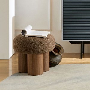 CAVINAS Mushroom Stool, Round Ottoman with Plush Lamb Wool Seat and Walnut Veneer Barrel Base, Ottoman Foot Rest, Bedroom End Bench, Footstool - 1 of 4