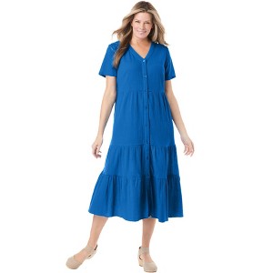 Woman Within Woman's Plus Size Gauze Tiered Dress - Bright Cobalt