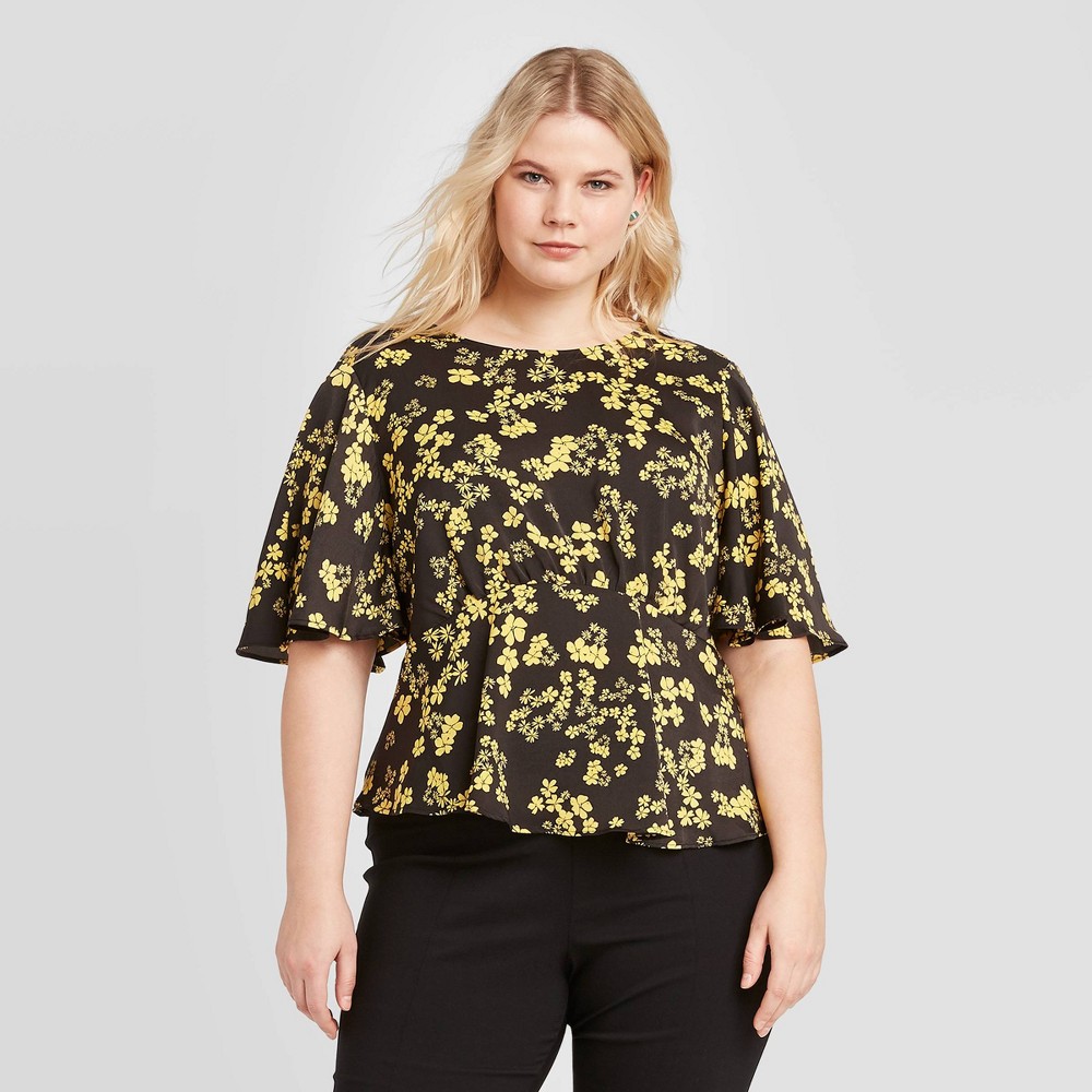 Women's Plus Size Floral Print Short Sleeve Blouse - Who What Wear Yellow 4X, Women's, Size: 4XL was $24.99 now $17.49 (30.0% off)