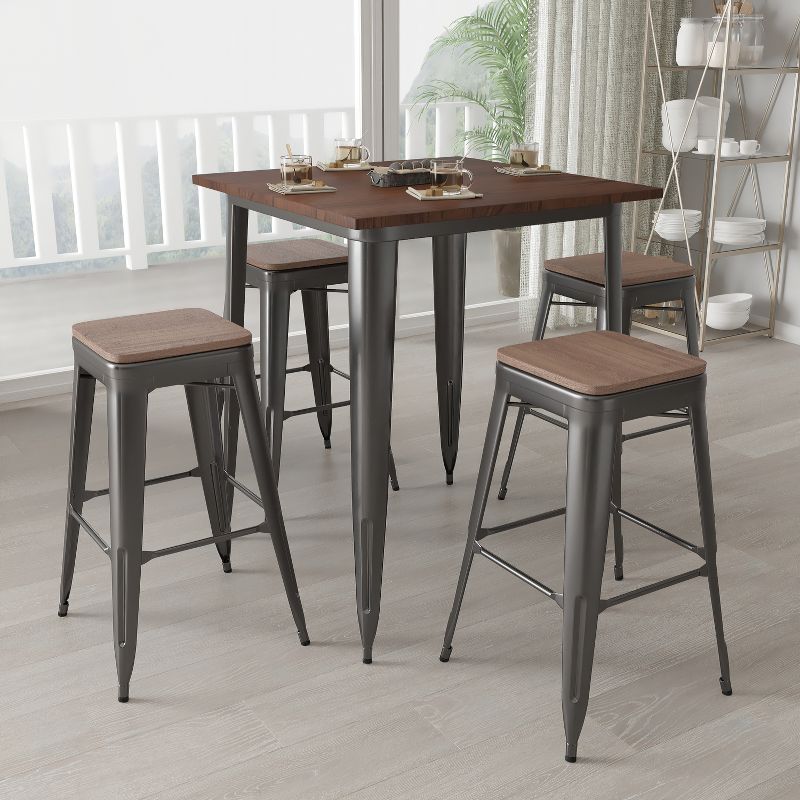 Merrick Lane 5 Piece Bar Table and Stools Set with 31.5" Square Black Metal Table with Wood Top and 4 Matching Bar Stools, 3 of 5