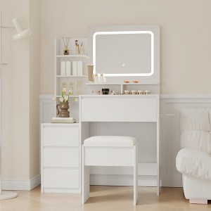 Vanity Desk with Mirror and Lights, 36-Inch Modern Makeup Dressing Table, 4 Drawers& Shelves for Beauty Organization, White Wooden Finish Vanity - 1 of 4