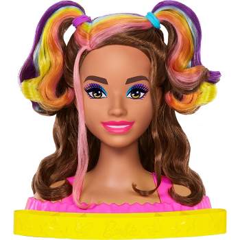 Barbie Totally Hair Neon Rainbow Deluxe Styling Head Brown Hair