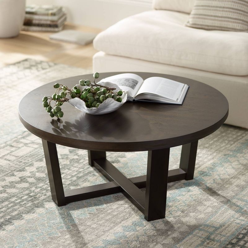 Elm Lane Conrad Modern Ash Wood Round Coffee Table 40" Wide Dark Brown Crossed Frame for Spaces Living Family Room Bedroom Bedside Entryway House Home, 2 of 9