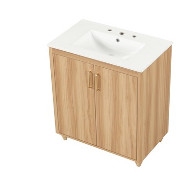 Vynxaria 30" Bathroom Vanities Natural Vanity Hutch with Dual Doors Divider Drawer & Shelf 33.9"H