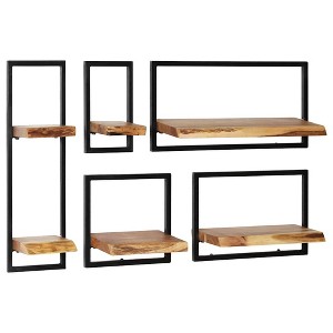 Wall Shelf Set Set of 5 Acacia wood brown and black - 1 of 4