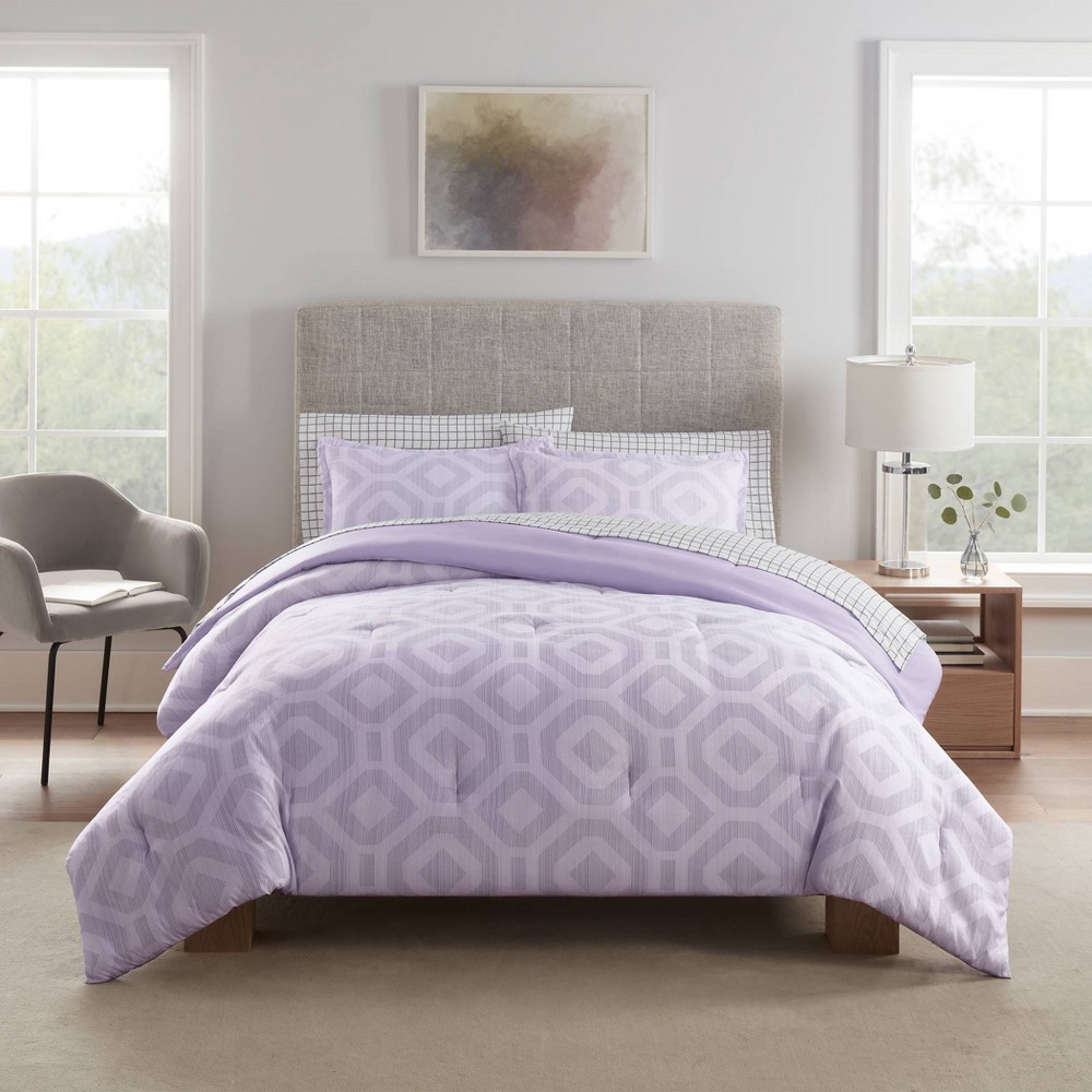 Photos - Bed Linen Serta 7pc Full Skyler Textured Geometric Antimicrobial Bedding Set Lavender - : Includes Sheets & Shams 