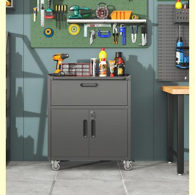 29."Sturdy and Durable Metal Tool Cabinet for Garage with Wheels - Mobile Heavy-Duty Storage Cabinet with 1 Drawer ,Gray