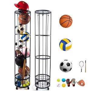 MOEPISY Ball Storage Rack with Small Bottom Ball Holder, 3 Adjustable Elastic Cords Sports Equipment Organizer, 4 Layer with mesh top - 1 of 4