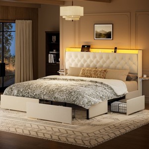 WOWLIVE Full/Queen/King Upholstered Platform Bed Frame with 4 Storage Drawers, Velvet Tufted Headboard with LED light & Charging Station - 1 of 4