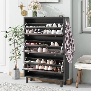 TIRAMISUBEST Minimalist Slim Tipping Bucket Shoe Cabinet with Hanging Hooks - Black Mobile File Cabinet - 1 of 4