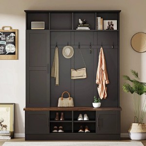 CAVINAS Hall Tree with Shoe Rack Modern 3-in-1 Coat Rack with Storage Bench, Open Shelves and 6 Hooks for Foyer - 1 of 4