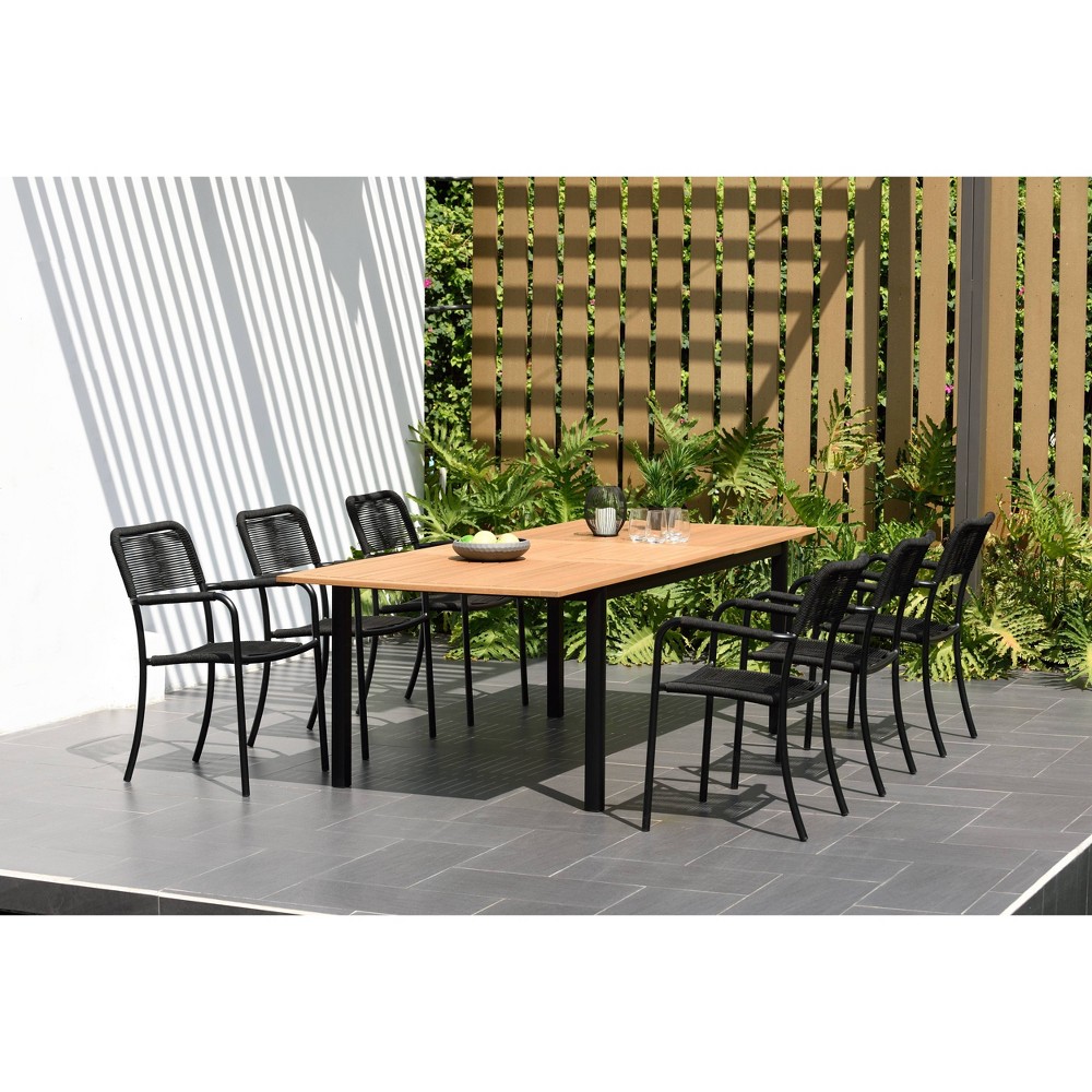 Ana 7pc Teak Finish & Aluminum Rectangular Extendable Patio Dining Set – Black – Amazonia  – Patio Decor​