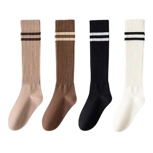 Anna-Kaci Women's 4-Pair Set Ribbed Knee-High Socks with Striped Detail Slim Fit Stretch Design for Casual Outfits - 1 of 4