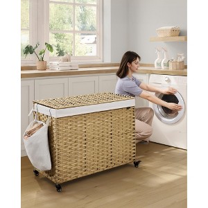 55.4 Gallon 4-Section Rolling Laundry Hamper with Wheels, Synthetic Rattan Storage Basket with Removable Liner, 33.9x15.7x26 Inches, Natural - 1 of 4