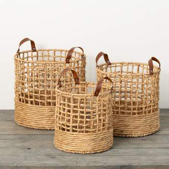 Sullivans 16.5", 14.5" & 13" Open Weave Handled Baskets Set of 3, Natural
