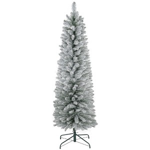 NAYSAYE 5ft Artificial Pencil Christmas Tree with 263 Snow Flocked Tips and Stable Metal Base for Holiday Decoration, Green, 17.7"*17.7"*59.1" - 1 of 4