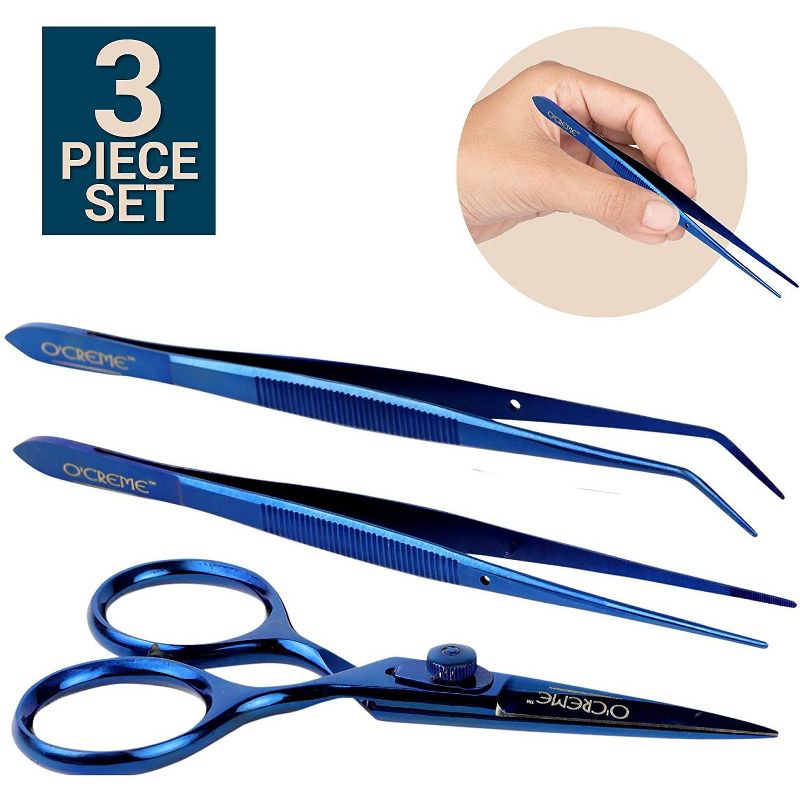 O'Creme Stainless Steel Precision Kitchen Culinary  Fine-Tip Tweezer Tongs Set, Total 3 Pieces (Blue), 3 of 5