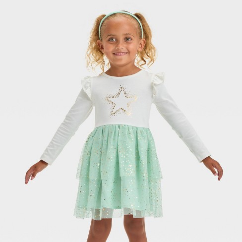 Toddler Girls Long Sleeve Star Tulle Dress Cat Jack Cream 4T