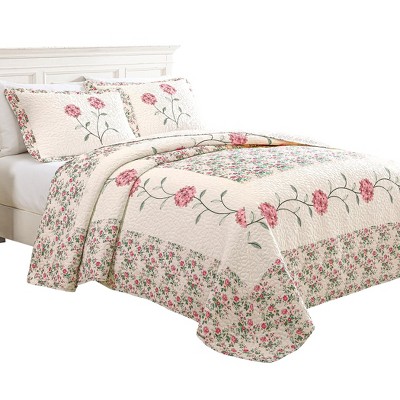 Collections Etc Embroidered Carnation Design Quilted Bedspread