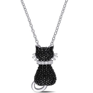 EVERLY JEWELRY | Sterling Silver 2 3/8ct t.g.w Black Spinel and Created White Sapphire Kitty Cat Pendant with Chain Black Rhodium Plated, 18 inc - 1 of 4