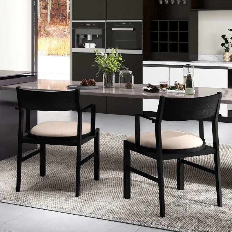 Tangkula Dining Chair w/ Arms Set of 4 Modern Kitchen Chairs w/ Contoured Backrest Black & Beige, 4 of 9