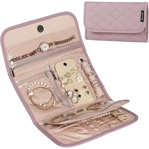 Medium Foldable Travel Jewelry Roll, Pink Organizer Storage Case for Earrings, Necklaces & Rings - 1 of 4