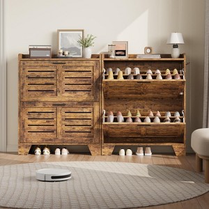 Narrow Shoe Cabinet for Entryway Storage, Slim Freestanding Organizer with 2 Flip Drawers and Hooks, Hidden Shoe Storage for Hallway, Foyer, Garage - 1 of 4