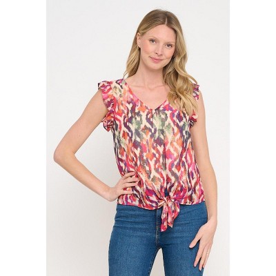 WEST K Womens' Samantha Sleeveless Tie Front Ruffle V-Neck Top