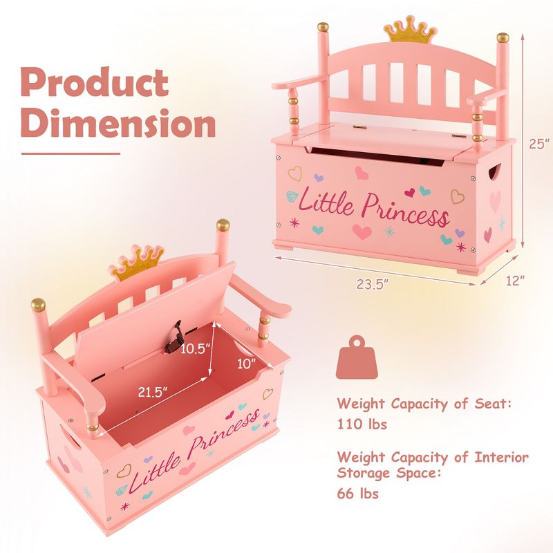 Costway Kids Princess Wooden Bench Seat Toy Box Storage Organizer Children Playroom Pink, 3 of 11