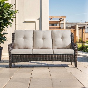 POCASSY 74" Wide Outdoor Wicker Patio Sofa with Cushions, All Weather Wicker Furniture Sofa 3 Seater Couch for Porch, Deck, Balcony - 1 of 4