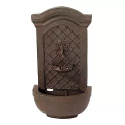 Sunnydaze 31"H Solar-Powered with Battery Pack Polystone Rosette Leaf Outdoor Wall-Mount Fountain, Weathered Iron Finish