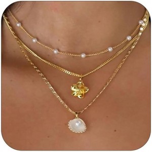 "14K Gold Plated Shell Necklace, Layered Conch & Starfish Pendant, Boho Beach Jewelry for Women, Summer Vacation Necklace, Trendy Coastal Charm" - 1 of 4