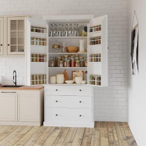 Ridstar 77 in. H Freestanding Kitchen Pantry Cabinet with 3 Adjustable Shelves, 8 Door Shelves & 3 Drawers-White - 1 of 4