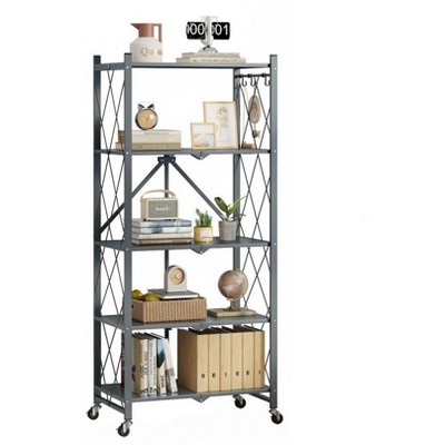 SUGIFT Storage Shelves,  5-Shelf Foldable Metal Shelving Units for Garage Kitchen Bakers, Collapsible Organizer Rack, Heavy Duty on Wheels
