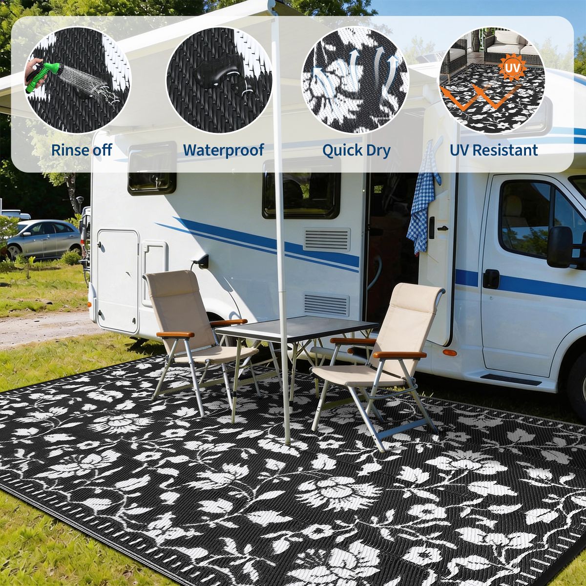 Garvee Floral Outdoor Rug, Waterproof Reversible Plastic Straw Rug, Foldable Outdoor Area Rug for Patio, Picnic, Beach, Balcony - thumbnail 6