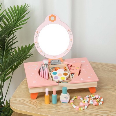 Robotime Dollhouses Girl's Vanity Dressing Table Toy Set, Pretend Play Makeup Station Mirror and Accessories, Pink, 11.4"*9"*10.6"