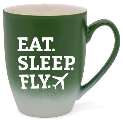 Elanze Designs Eat Sleep Fly Two Toned Ombre Matte Green and White 12 ounce Ceramic Stoneware Coffee Cup Mug