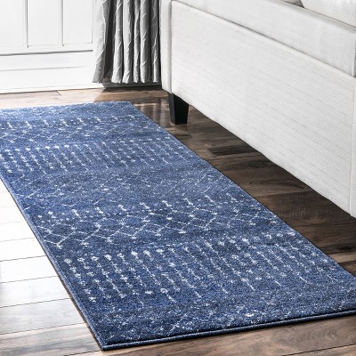 Dark Blue Trellis Synthetic Reversible Runner Rug