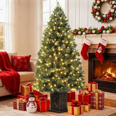 Pre-lit Artificial Christmas Tree with Warm White Lights, Green Full Christmas Tree 4.5ft with 8 Light-Modes, Pre Lighted Xmas Tree