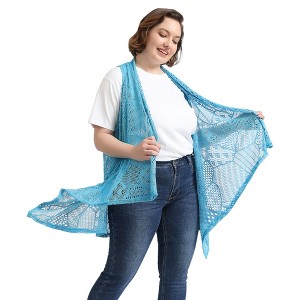 Anna-Kaci Women's Plus Size Boho Open Front Crochet Cover Up Sleeveless Shawl Cardigan Vest - 1 of 4