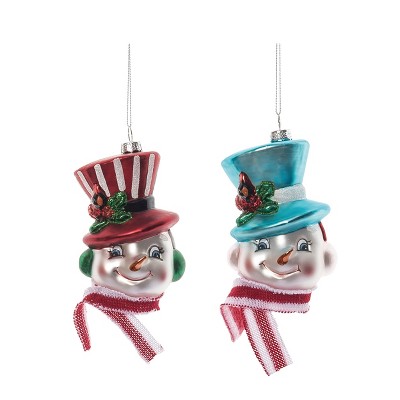 Transpac Christmas Glass Vintage Snowman Head Ornament Set of 2 Christmas Home Decorations